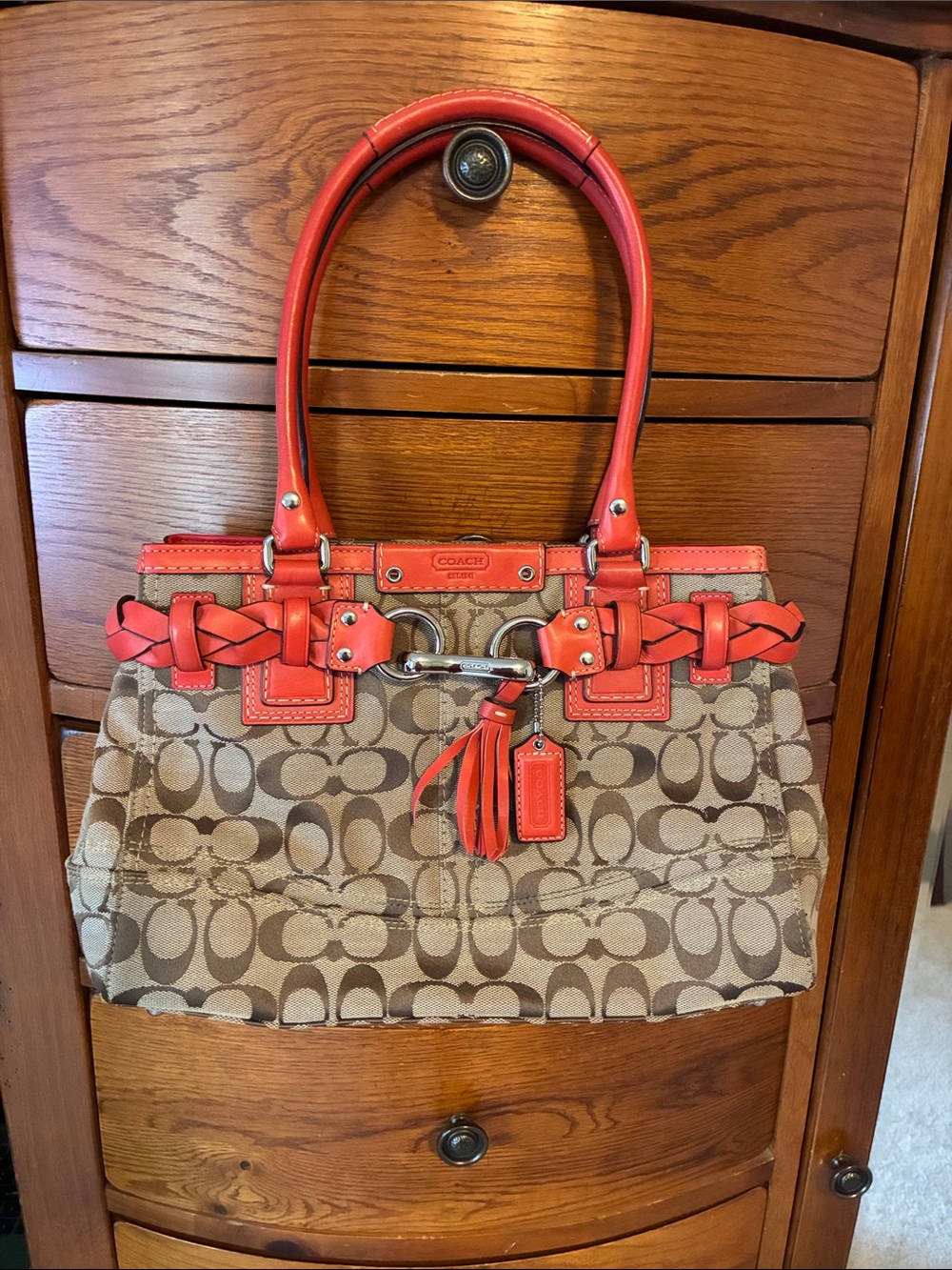 Coach Signature Canvas F15665 y2k Hamptons Signature Carryall Satchel bag coral